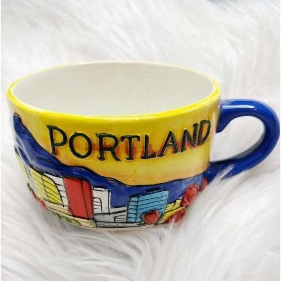 Portland Oregon Cappuccino Ceramic Mug Blue and Yellow Large - Picture 1 of 5